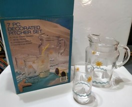 Vintage 7pc Decorated Glass Pitcher Set Iced Tea Lemonade Margaritas Sum... - $46.39
