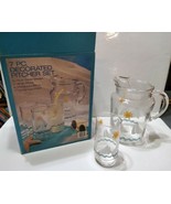 Vintage 7pc Decorated Glass Pitcher Set Iced Tea Lemonade Margaritas Sum... - £36.49 GBP