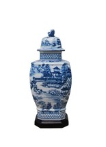 Blue and White Porcelain Landscape Blue Willow Hexagonal Temple Jar 14&quot; - $227.69