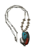 VTG Sterling Silver Navajo Pearl Turquoise Coral Squash Blossom Pendant Necklace - £197.53 GBP
