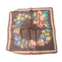 Vintage Hanky Handkerchief Linen 70s Brown Flowers Floral 12” - £9.18 GBP
