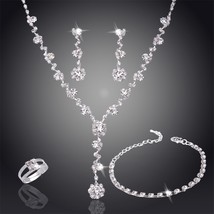 Silver Color Rhinestone Crystal Bridal Jewelry Set Earrings Necklace Wedding Geo - £24.29 GBP