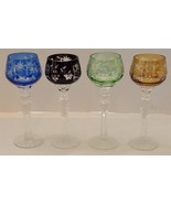 4 Vtg Czech Bohemian Cut 5.75&quot; Cordial Liquor Red Amber Cobalt Green Gla... - $80.13 CAD