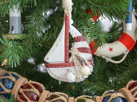 [Pack Of 2] Wooden Rustic Red Sailboat Model Christmas Tree Ornament - £46.69 GBP
