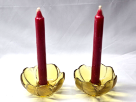 Vintage Anchor Hocking Candle Holders Swedish Modern Amber Art Glass - Pair Of 2 - $18.60