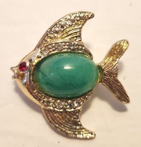 Fish Brooch Pin Faux Jade Cabochon Red Rhinestone Eye Gold Tone Setting Vintage - £27.63 GBP