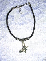 NEW BLACK CORD w PEWTER BUTTERFLY CHARM DANGLE BRACELET - $110.27 MXN