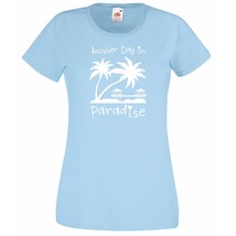 Womens T-Shirt Sunset Beach Palms &amp; Bungalows, Quote Another Day Paradis... - £19.54 GBP