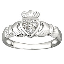 14K White Gold Plated Three-Stone 0.15CT Moissanite Claddagh Promise Heart Ring - £59.25 GBP