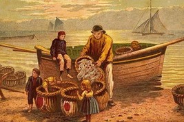 Fisherman dumps fish into baskets as Children watch by Kronheim &amp; Dalziels - Art - £17.32 GBP+