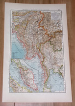 1914 Original Antique Map Of Thailand Siam Burma Myanmar Malaysia Singapore - £17.67 GBP
