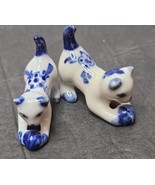 Hand Painted Delft Blue Cat Kitten Ceramic Figurine Pair Playing w/ Yarn - £15.41 GBP