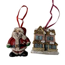 2 Pc Vintage Ornaments Handmade Ceramic Santa and House with Snow 3 x 2 Ea u - £11.26 GBP