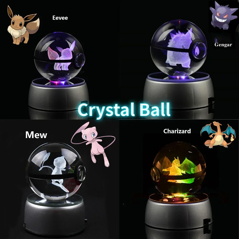 3d crystal ball pikachu figure pokeball eevee gengar mew charizard model with led light thumb200