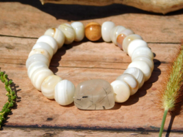 Clear Quartz with Black Tourmaline and Agate Stretch Bracelet for Energy Healing - £20.75 GBP