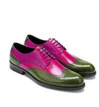 Luxury Oxford Pink Green Cont Genuine Leather Wingtip Brogue Handmade Men Shoes - £110.00 GBP
