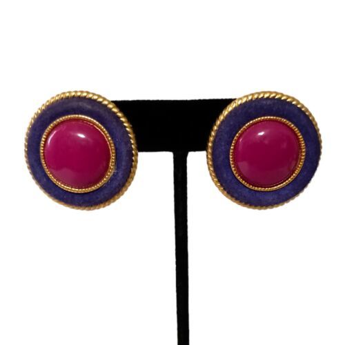 Primary image for Vintage 80s Earrings Clip On Chunky Cabochon Brushed Gold Purple Pink Maximalist