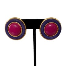 Vintage 80s Earrings Clip On Chunky Cabochon Brushed Gold Purple Pink Maximalist - £18.18 GBP
