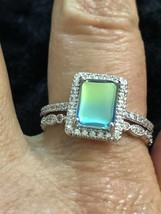 Rhodium Plated Blue Green Ombre Crystal Engagement Wedding Ring Set Size 10 - £40.14 GBP