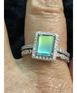 Rhodium Plated Blue Green Ombre Crystal Engagement Wedding Ring Set Size 10 - $936.35 MXN