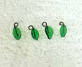 4 Vintage Tiny Miniature Green Leaf Bead Glass Charms 3/8" Long - $8.42