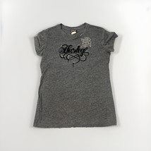 Hurley Women’s Small Gray Graphic T-Shirt Rose Rhinestones Bling Logo Tee - $11.87