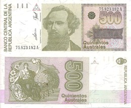 Argentina P328b, 500 Australs, Dr. Nicolás Avellaneda / seated Liberty, UNC 1990 - £0.79 GBP