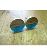 2 WOOD KNOBS ROUND DRAWER PULLS HANDLE KITCHEN BATHROOM MID CENTURY TURQ... - $11.99