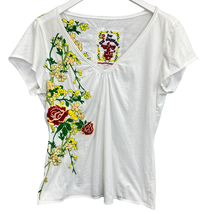 Johnny Was Embroidered T Shirt White XL V-Neck Floral Short Sleeve Bohem... - £39.60 GBP
