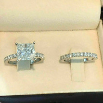 Engagement Ring Set 2.80Ct Princess Cut Diamond 14k White Gold Finish in Size 7 - £100.99 GBP