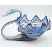 Vintage Hand-Blown Swirl Blue Murano Style Glass Bowl 11&quot; Swan Shape Centerpiece - £40.49 GBP