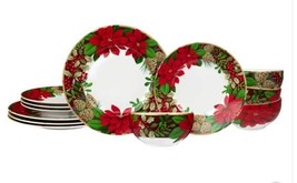 222 Fifth Dinnerware Set December Blooms Poinsettias Multicolor 12-PC Ch... - $109.99