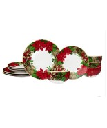 222 Fifth Dinnerware Set December Blooms Poinsettias Multicolor 12-PC Ch... - $154.35 CAD