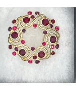 Vintage NAPIER Golden Paisley Wreath Pin Brooch Red Purple Pink Rhinestone - £6.99 GBP