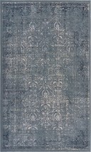 5&#39; X 8&#39; Blue Silver Gray And Cream Damask Distressed Stain Resistant Area Rug - $336.55