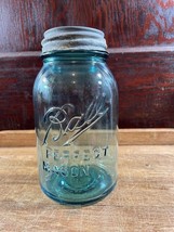 Vintage Ball Perfect Mason Blue Glass Jar No 4 with Metal Glass Lined Lid Quart - £19.43 GBP