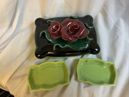 Vintage J Brahams Calif Pottery Green Burgundy 3D Rose Cigarette Box Ashtrays - £15.82 GBP