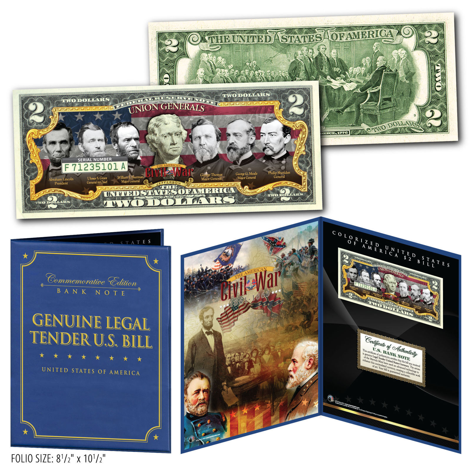 American Civil War UNION GENERALS Genuine US $2 Bill in 8x10 Collectors Display - £14.67 GBP