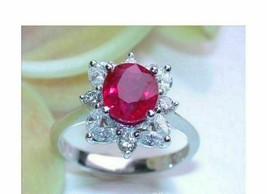 2.50 Ct Red Ruby Diamond 14K White Gold Finish Flower Halo Engagement Ring - £82.08 GBP