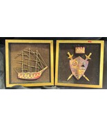 Vintage Copper Metal Sculpture Wall Plaque Set Ship Boat Crown Shield Sw... - $150.86 CAD