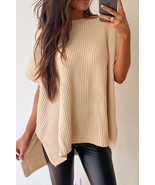 Apricot Side Slit Short Sleeve Oversized Sweater - $45.28 CAD