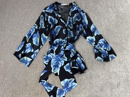 Alice + Olivia Blouse Womens Medium Black Blue Leaf Print Wrap Kimono Ti... - $49.49