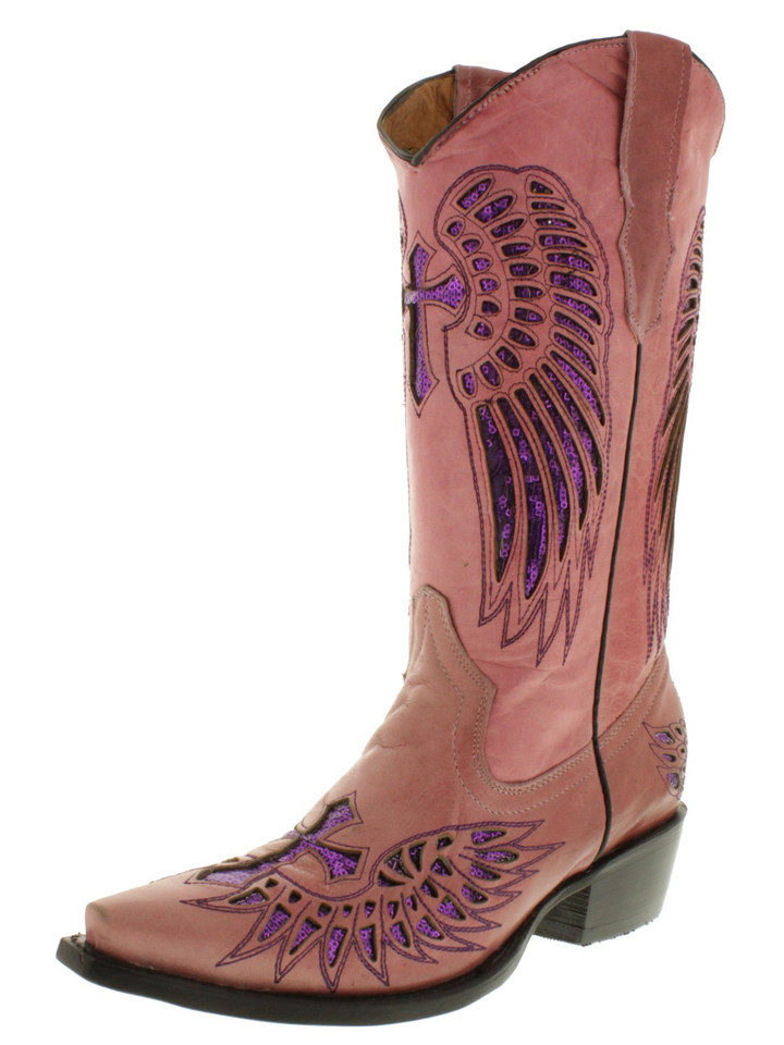 Womens Western Boots Pink Leather Fuchsia Sequins Cross Wings Snip Toe S... - $76.82