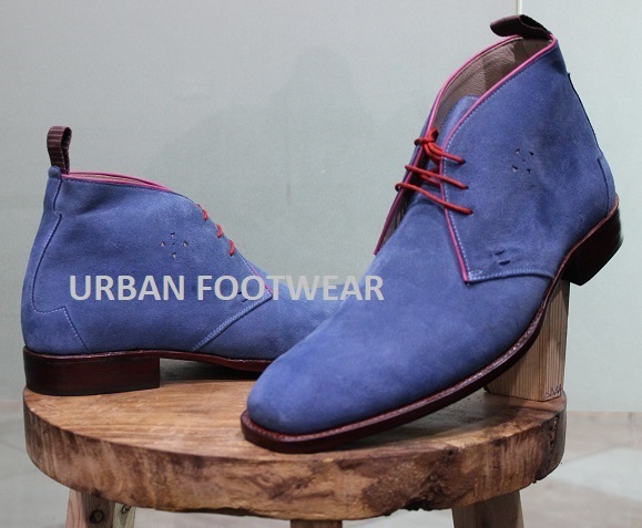New Handmade Mens Formal Shoes Blue Suede High Ankle Lace Up Style Chukka Boots
