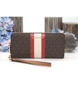 Michael Kors Bright Red Stripe Brown Monogram Zip Around Travel Wallet NWT - €114,92 EUR