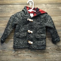 CARTER'S Baby Boy Hooded Sweater Jacket 9M Gray Black Red Plaid Toggle Buttons - $17.32