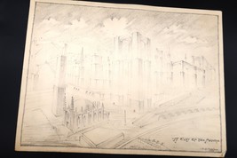 Vtg Pencil Sketch Artwork A City in the Future Art 1943 Signed A.G Schwa... - $74.99