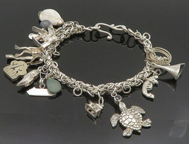 LIZ RON 925 Silver - Vintage Turtle Bear Paw &amp; Multi Charm Bracelet - BT9392 - £154.32 GBP