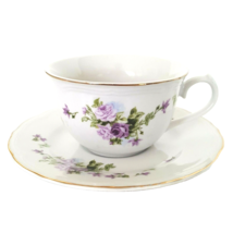 Lynns 1980&#39;s Cup and Saucer Fine China Purple Lavender Rose  Gold Trim V... - $19.69
