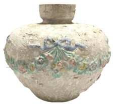 Vintage Napco Textured Vase 3D Rose Garland and Bow Vessel 7&quot; Pottery Thailand - £61.14 GBP